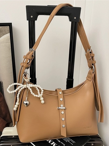 Minimalist PU Leather Hobo Shoulder Bag For Women Rivet Stitching Dumpling Crossbody Bag With Pearl Bow Heart Pendant