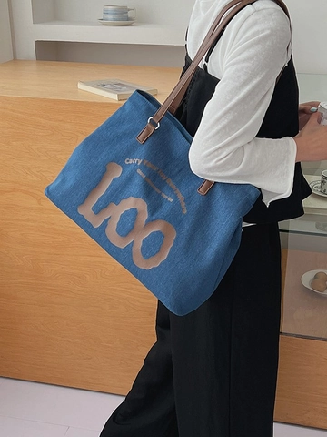 Women Large Capacity Tote Bag Denim Canvas Patchwork Shoulder Bag Retro Urban Minimalist Commuting School Shopping Handbag
