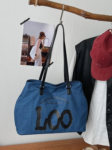 Women Large Capacity Tote Bag Denim Canvas Patchwork Shoulder Bag Retro Urban Minimalist Commuting School Shopping Handbag