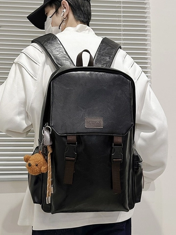 Vintage PU Leather Large Capacity Backpack School Daypack For Women Men Fashion Commuter Bag With Bear Pendant