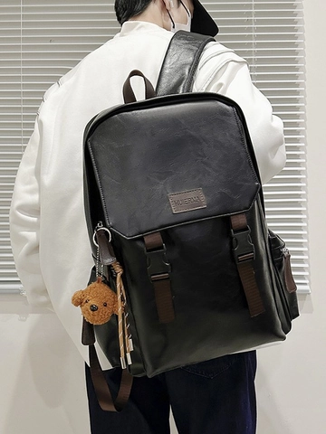 Vintage PU Leather Large Capacity Backpack School Daypack For Women Men Fashion Commuter Bag With Bear Pendant