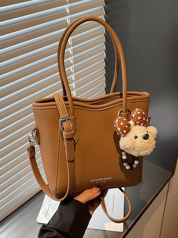 Borsa a Secchiello da Donna in Pelle PU con Trama Litchi Vintage con Simpatico Charm in Peluche per Pendolarismo Quotidiano
