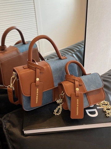 Damen Farbblock PU Leder Kleine Quadratische Umhängetasche Retro Patchwork Handtasche Mit Griff Kette Riemen Tasche