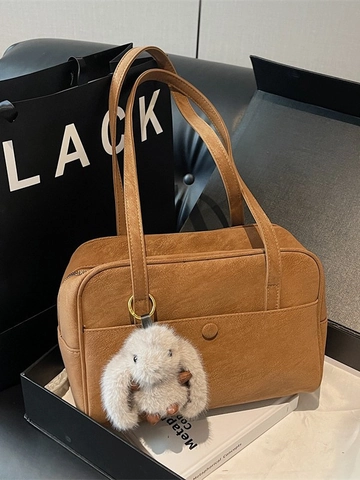 Damen Vintage PU Leder Achseltasche Große Kapazität Schulter Tote Tasche Mit Plüsch Hasen Charm Retro Täglich Pendeln Handtasche