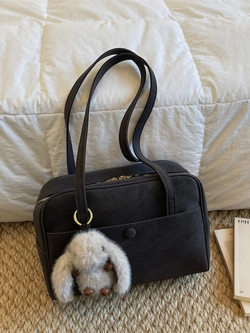 Damen Vintage PU Leder Achseltasche Große Kapazität Schulter Tote Tasche Mit Plüsch Hasen Charm Retro Täglich Pendeln Handtasche