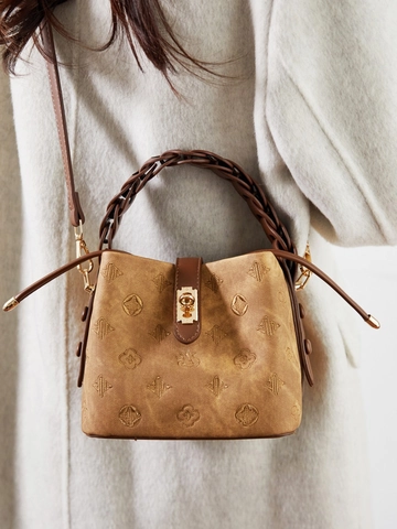 Women Vintage Embossed Bucket Bag PU Leather Braided Handle Handbag With Adjustable Strap Crossbody Shoulder Bag For Daily