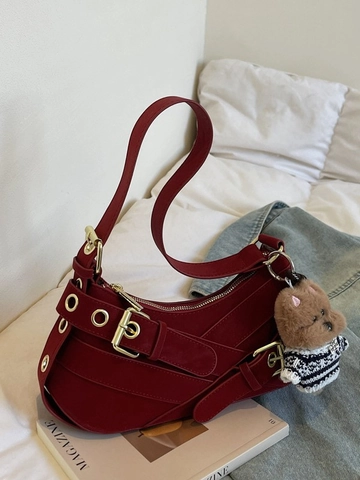 Vintage Retro PU Leather Half Moon Bag For Women Fashion Hobo Baguette Bag With Metal Eyelets Buckles And Plush Dog Charm
