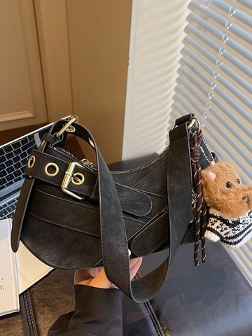 Vintage Retro PU Leather Half Moon Bag For Women Fashion Hobo Baguette Bag With Metal Eyelets Buckles And Plush Dog Charm