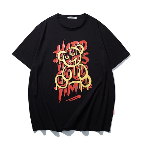 Herren Übergröße Baumwolle T-Shirt Streetwear Graffiti Bär Buchstaben Druck Locker Kurzarm Sommer Schwarz Lässiges Top