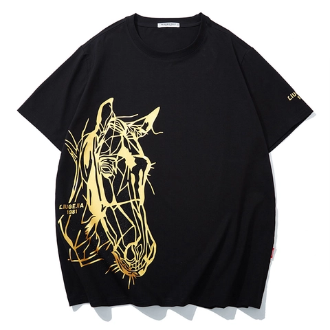 Men Plus Size Cotton T-Shirt Gold Geometric Horse Head Graphic Print Rhinestone Casual Short Sleeve Round Neck Summer Tee