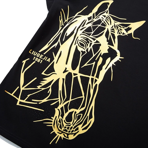 Men Plus Size Cotton T-Shirt Gold Geometric Horse Head Graphic Print Rhinestone Casual Short Sleeve Round Neck Summer Tee