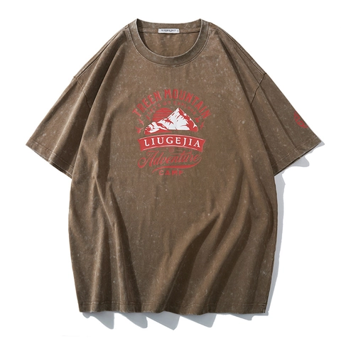 Herren Vintage Säurewäsche Übergröße T-Shirt Baumwolle Große Größen Kurzarm Grafikdruck Bergmuster Streetwear Tee Top