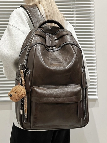 Große Kapazität PU Leder Rucksack Für Damen Herren Retro Street Style Schule Laptop Tasche Mit Teddybär Anhänger Lässig Reiserucksack