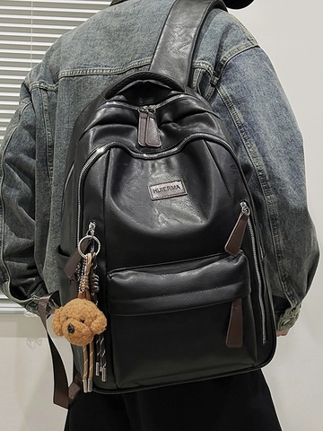 Große Kapazität PU Leder Rucksack Für Damen Herren Retro Street Style Schule Laptop Tasche Mit Teddybär Anhänger Lässig Reiserucksack