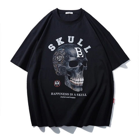 Men's Plus Size Skull Print T-Shirt Summer Loose Fit Drop Shoulder Cotton Blend Short Sleeve Tee Streetwear Black Top