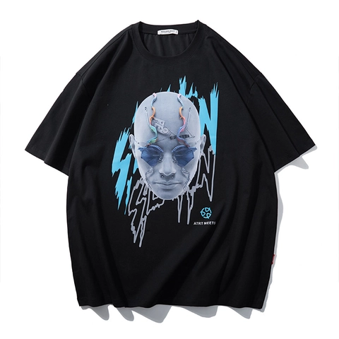Herren Übergröße T-Shirt Grafisches Porträt Cyberpunk Bedruckt Baumwollmischung Überschnittene Schultern Rundhals Locker Kurzarm Streetwear Top