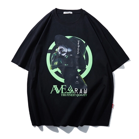 Cyberpunk Luminous Mask Print Men Plus Size T-shirt Oversized Cotton Blend Short Sleeve Streetwear Hip Hop Casual Loose Top