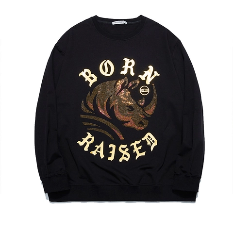Felpa da Uomo Nera con Rinoceronte Strass Taglie Forti Lettere Gotiche Doratura Cotone Streetwear Hip Hop Top Casual