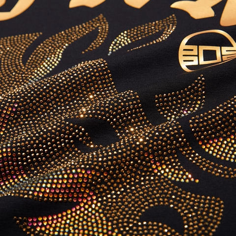 Felpa da Uomo Nera con Rinoceronte Strass Taglie Forti Lettere Gotiche Doratura Cotone Streetwear Hip Hop Top Casual