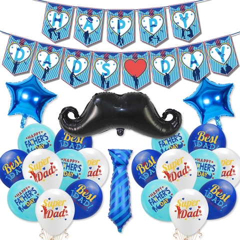 Father's Day Party Decoration Happy Father's Day Banner Aluminum Mustache Tie Balloons Latex Balloons Cake Topper For Party Blue
