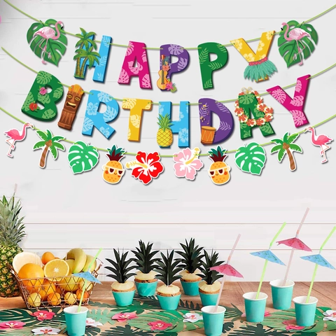 Striscione per Festa di Compleanno Tropicale Luau Hawaiano Topper per Torta Cartoncino Bianco Fenicottero Foglia Palma Ananas Tiki