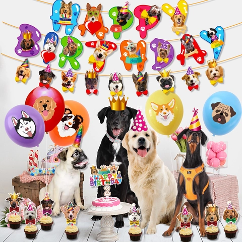 Set di Decorazioni per Feste di Compleanno per Cani Cartone Animato Striscione Happy Birthday Palloncini in Lattice Topper per Torte
