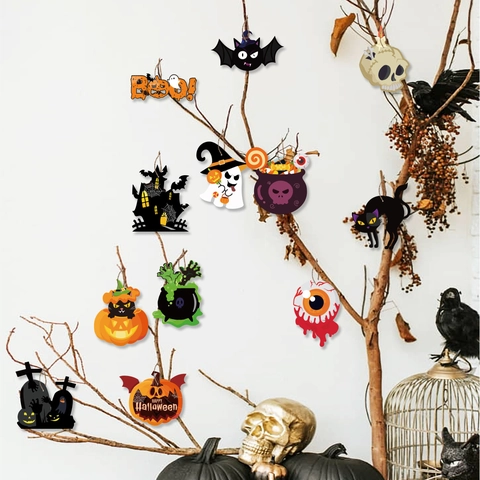 Halloween Karton Hängende Dekorationen Set Kürbis Totenkopf Geist Fledermaus Schwarze Katze Für Party Zuhause Garten Deko