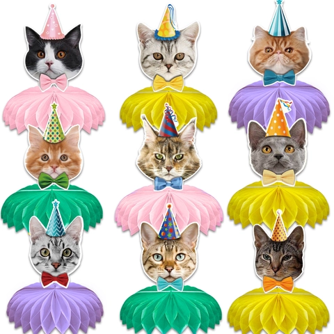 Décorations de Table en Nid d'Abeille Thème Chat pour Fournitures de Fête d'Anniversaire Ornements en Papier Carton Blanc
