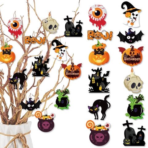 Halloween Karton Hängende Dekorationen Set Kürbis Totenkopf Geist Fledermaus Schwarze Katze Für Party Zuhause Garten Deko