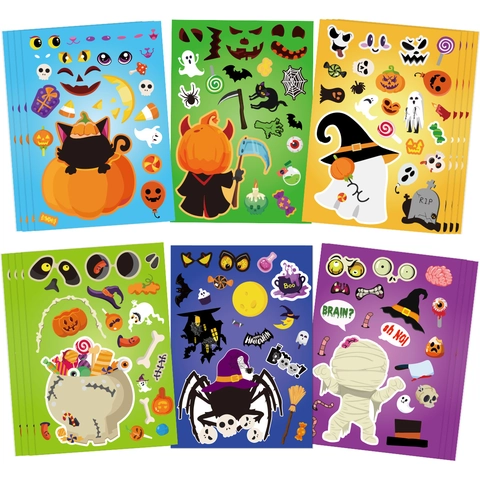 Halloween DIY Puzzel Gezicht Stickers Voor Kinderen Pompoen Geest Zombie Skelet Cartoon Zelfklevende Papieren Stickers Set Feestdecoratie