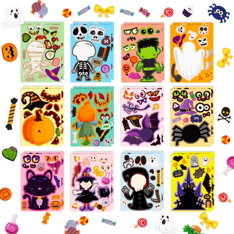 Adesivi Halloween DIY per Bambini Zucca Fantasma Strega Scheletro Motivo DIY Puzzle Viso Adesivi Decorazione Festa Halloween