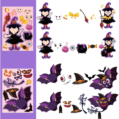 Adesivi Halloween DIY per Bambini Zucca Fantasma Strega Scheletro Motivo DIY Puzzle Viso Adesivi Decorazione Festa Halloween