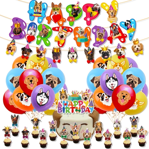 Set di Decorazioni per Feste di Compleanno per Cani Cartone Animato Striscione Happy Birthday Palloncini in Lattice Topper per Torte