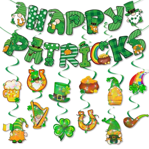 Decorazioni per Feste di San Patrizio Banner con Trifoglio Portafortuna Gnomo Verde Riccioli Appesi per Casa Ufficio Celebrazione Evento