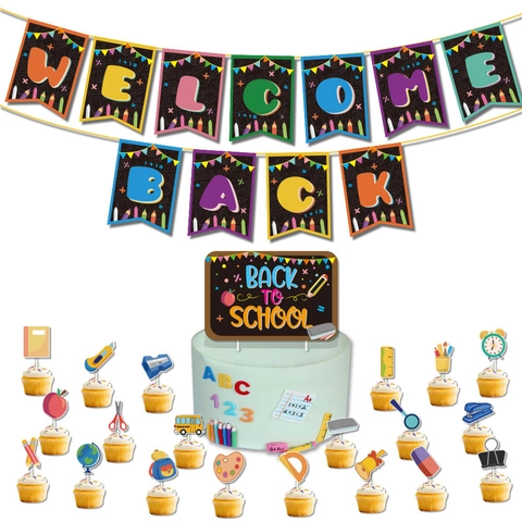 Bentornati a Scuola Decorazioni per Feste Banner Cake Toppers Materiale Cartaceo Modello Scuolabus Cancelleria per Aula