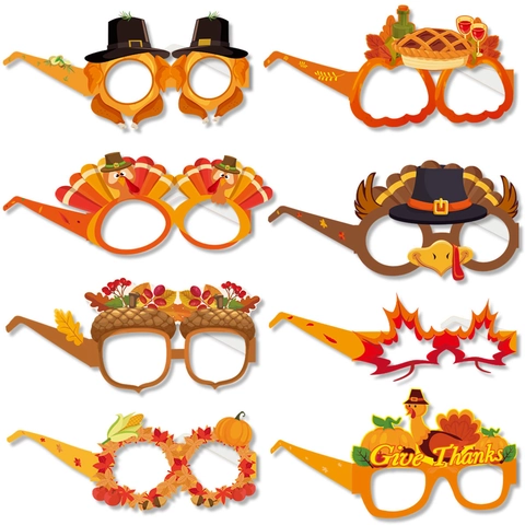 Lunettes de Fête d'Action de Grâce Dindon Citrouille Feuille d'Érable Papier Accessoires Photo pour Décorations de Récolte