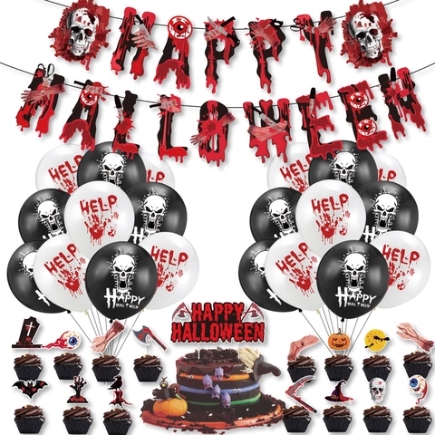 Horror Halloween Party Decoration Set Bloody Happy Halloween Banner Blood Handprint Latex Balloons Cake Toppers Scary Party Supplies