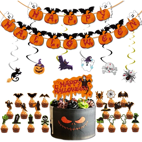 Decorazioni per Feste di Halloween Striscione Happy Halloween Arancione Zucca Pipistrello Cake Topper Fantasma Spirale Ornamenti Appesi