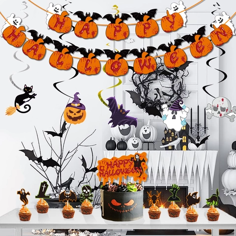 Decorazioni per Feste di Halloween Striscione Happy Halloween Arancione Zucca Pipistrello Cake Topper Fantasma Spirale Ornamenti Appesi