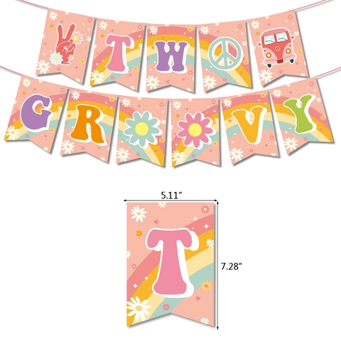 Two Groovy Decorazioni per Feste di Compleanno Retro Rosa Boho Hippie Tema Banner Cake Toppers Margherita Arcobaleno Party Decor