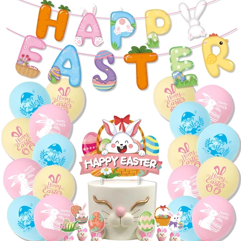 Décoration de Fête de Joyeuses Pâques Bannière Ballons en Latex Cake Toppers Ruban Motif Lapin Œuf Carotte Articles de Fête