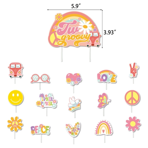 Two Groovy Decorazioni per Feste di Compleanno Retro Rosa Boho Hippie Tema Banner Cake Toppers Margherita Arcobaleno Party Decor