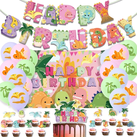 Pink Dinosaur Birthday Party Decoration Set Happy Birthday Banner Latex Balloons Cake Toppers Backdrop For Kids Party