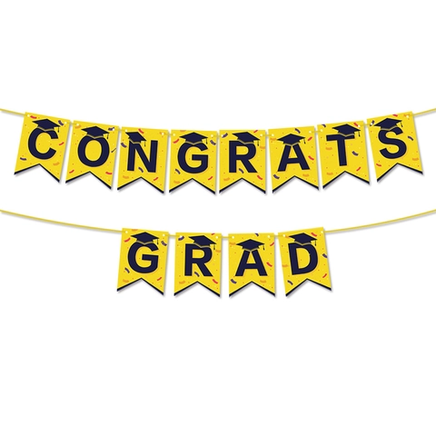 Congrats Grad Banner Graduation Party Decoration Yellow White Cardboard Swallowtail Bunting For Graduation Ceremony Party Decor