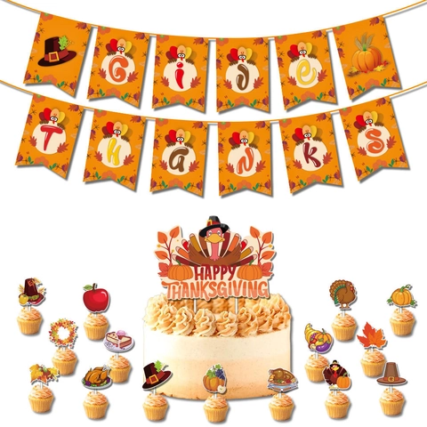 Thanksgiving Party Decorations Give Thanks Paper Banner Turkey Pumpkin Cake Toppers Autumn Harvest Celebration Hanging Ornaments