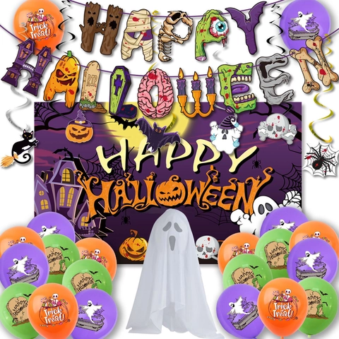 Set de Décoration de Fête d'Halloween Toile de Fond Château Violet Bannière Happy Halloween Ballons en Latex Décorations Suspendues
