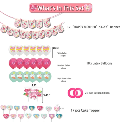 Mother's Day Party Decoration Set Happy Mother's Day Banner Latex Balloons Heart Cake Toppers For Mom Birthday Party Supplies