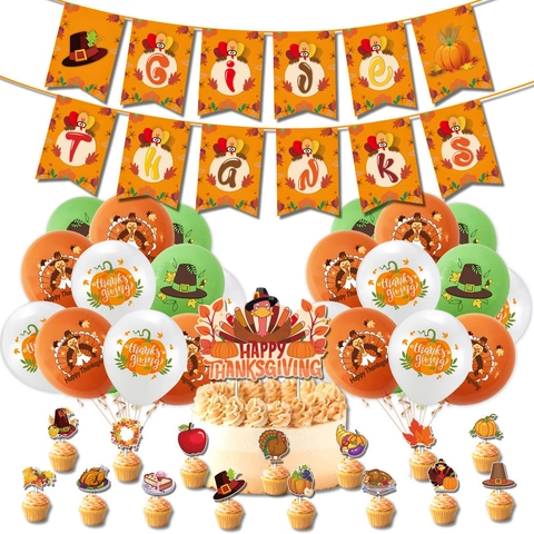Décoration de Fête de Thanksgiving Ballons en Latex Bannière Give Thanks Toppers de Gâteau Dindon Citrouille Feuille d'Érable Articles Festifs