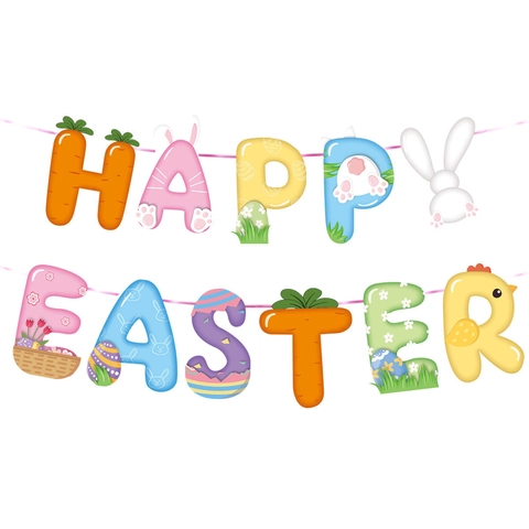 Easter Bunny Egg Paper Banner Garland Holiday Party Decoration Colorful Animal Pattern Hanging Pull Flag Home Wall Decor
