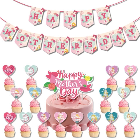 Happy Muttertag Banner Und Kuchen Topper Rosa Floral Herz Girlande Dekorative Picks Für Festliche Party Feier